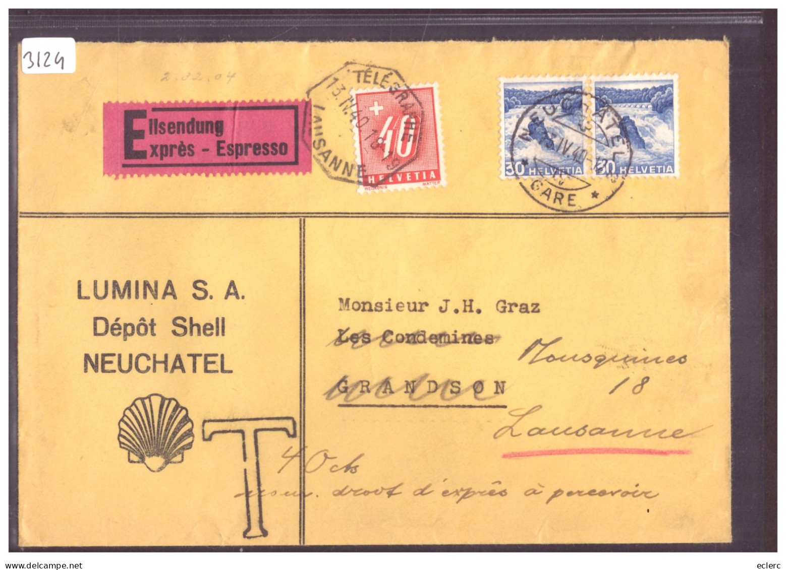 LUMINA S.A. NEUCHATEL - LETTRE EXPRESS - TAXEE TELEGRAPHE LAUSANNE - - Cartas & Documentos