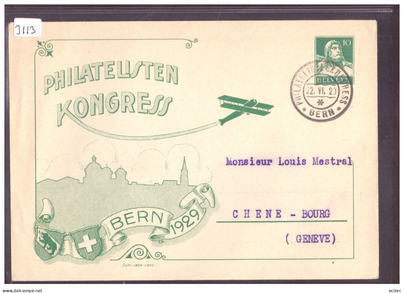 ENTIER POSTAL - GANZSACHE - PHILATELISTEN KONGRESS BERN 1929 - Stamped Stationery