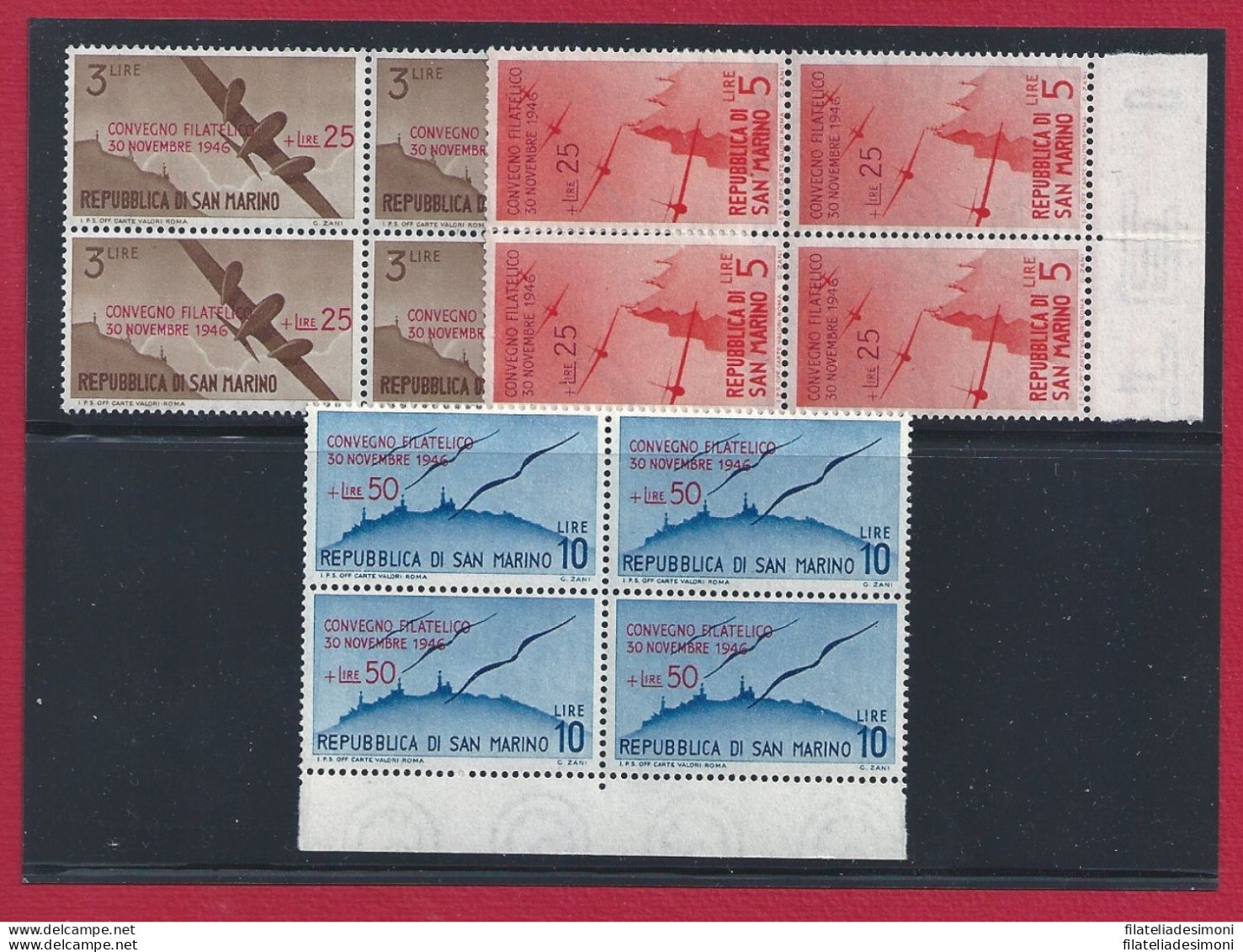 1946 SAN MARINO, N° 298/300 Convegno Filatelico  3 Valori MNH/** QUARTINA - Other & Unclassified