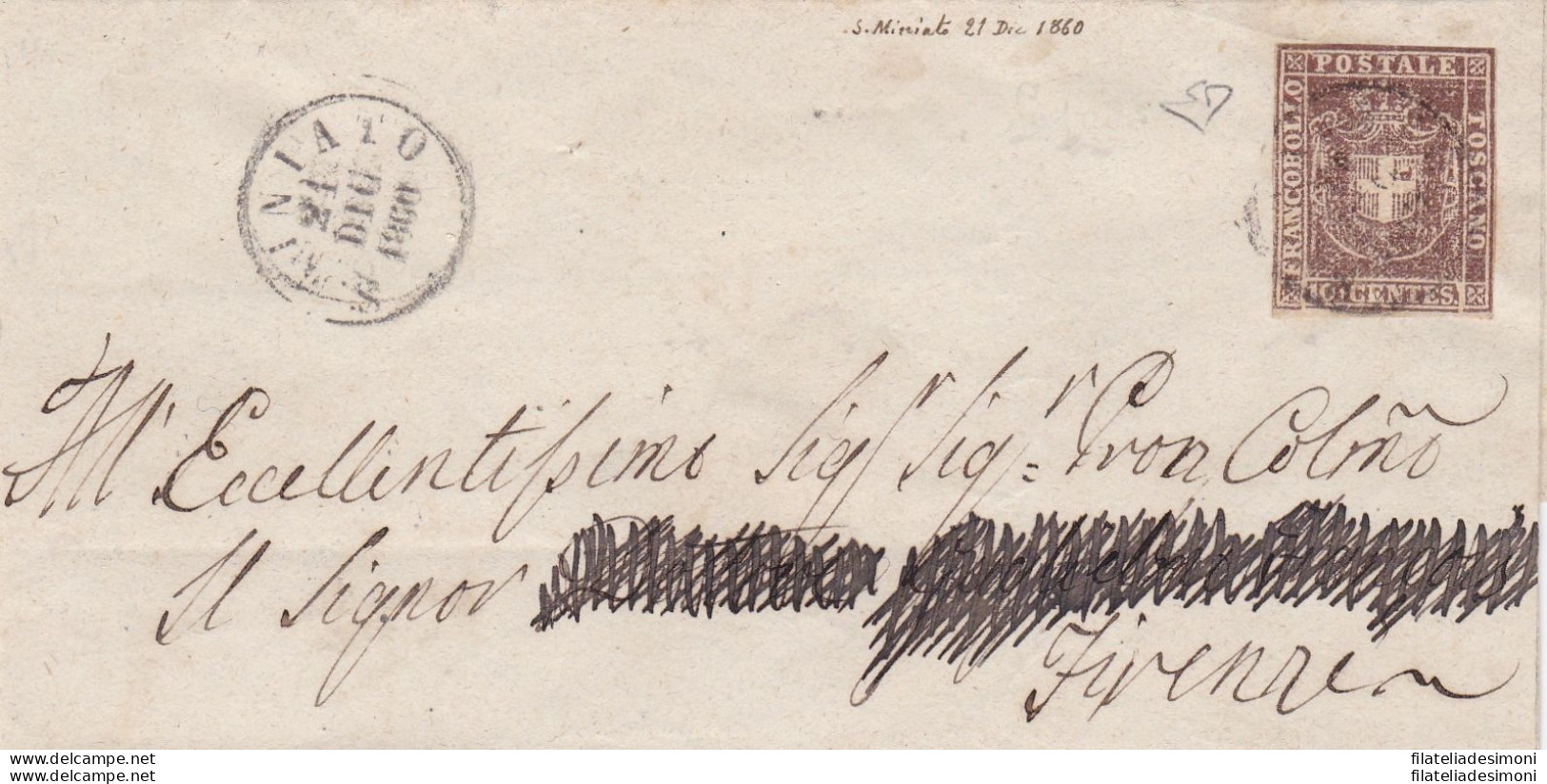 1860 TOSCANA, N° 19 10 Cent. SU LETTERA CON ANNULLO CERCHIO SAN MINIATO - Toscane