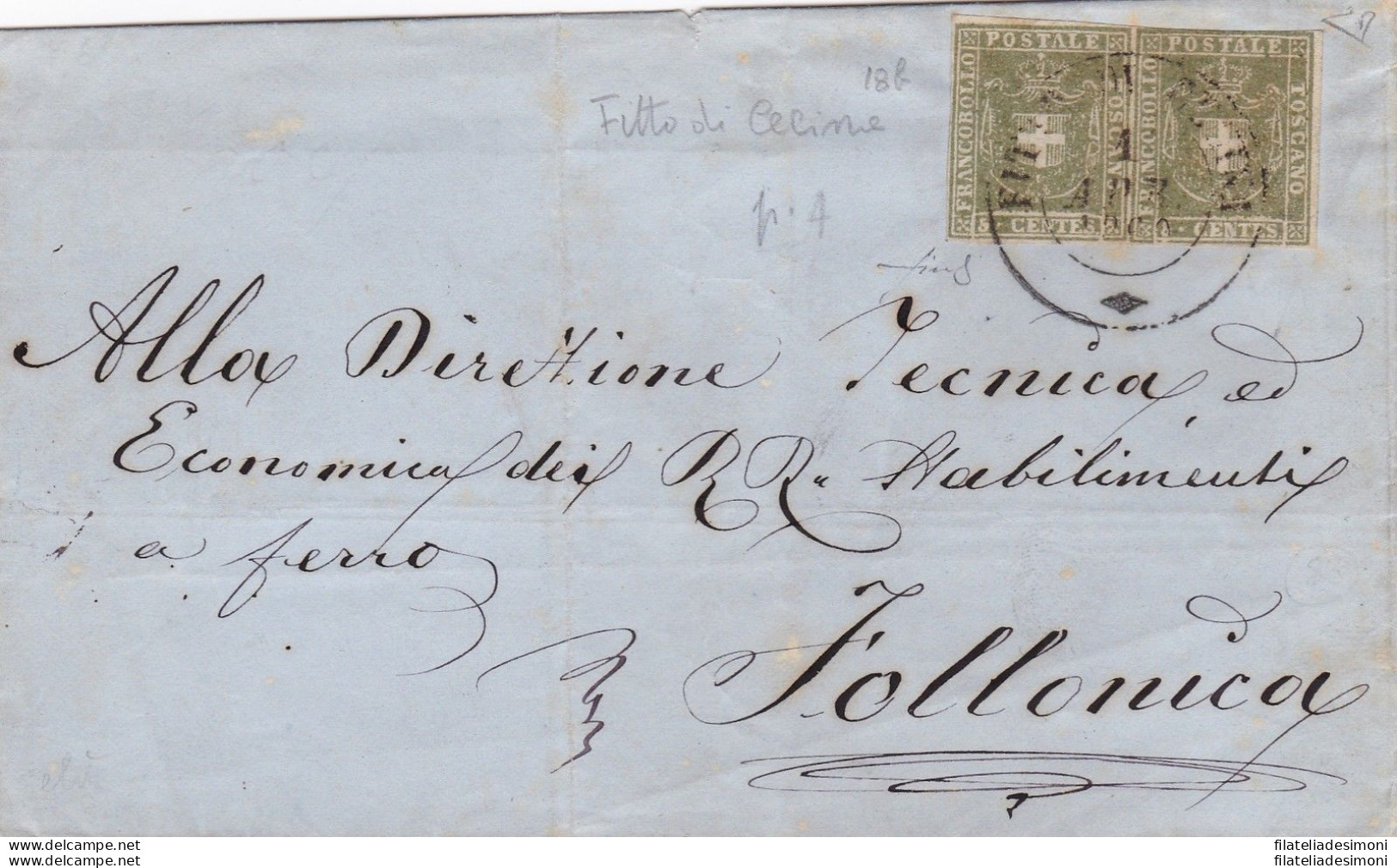 1860 TOSCANA, N° 18b 5 Cent. COPPIA SU LETTERA CON ANNULLO FITTO DI CECINA - Toscane