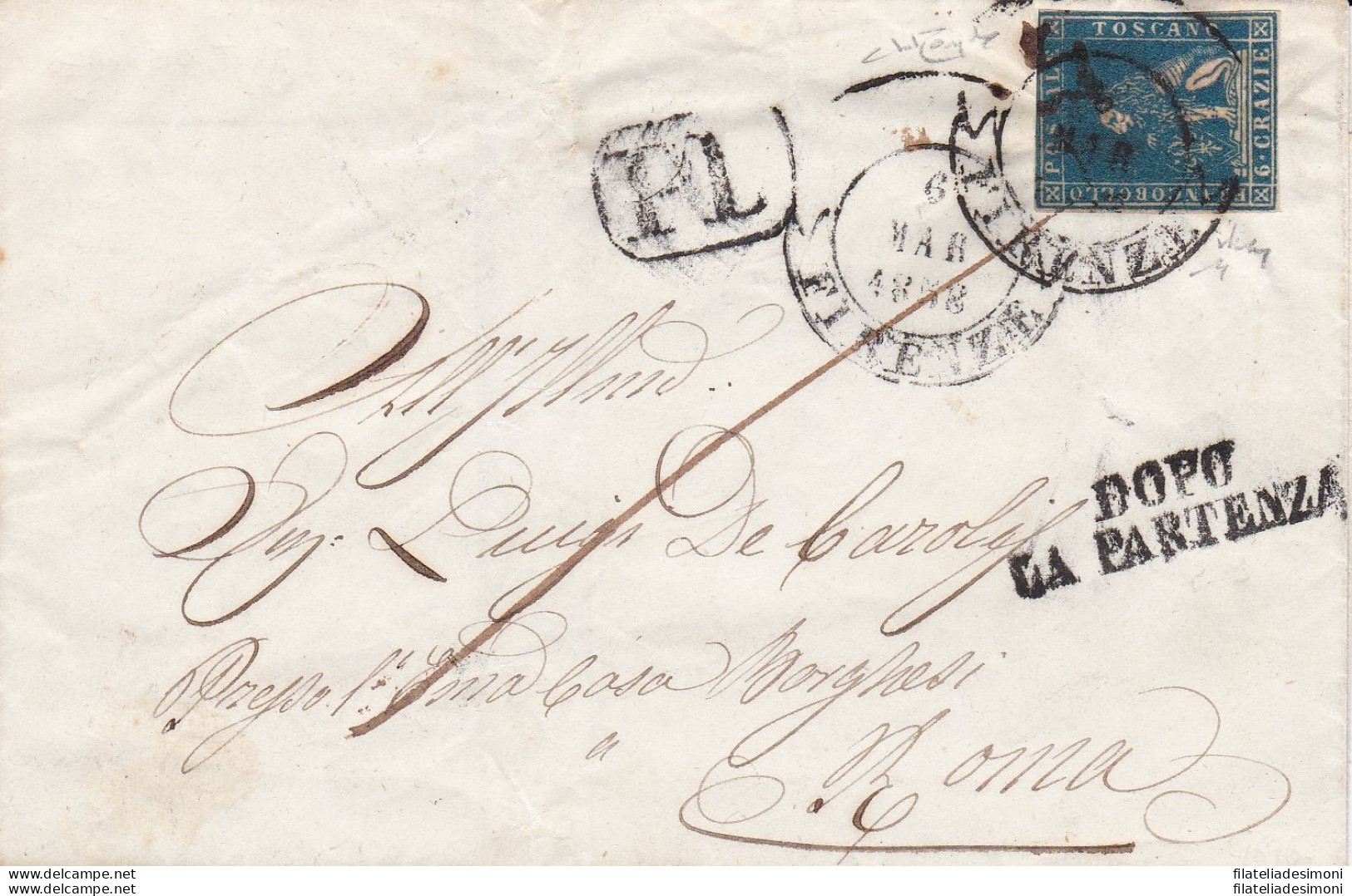 1857 TOSCANA, N° 15b 6 Crazie Azzurro Cupo SU LETTERA Certificato Raybaudi - Toskana