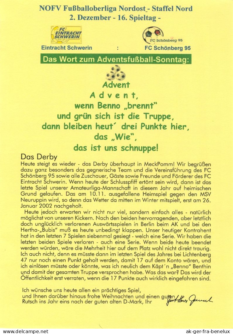 Fußball-Programm PRG FC Eintracht Schwerin Vs Schönberg 95 2. 12. 2001 Dynamo FCE 1. FSV Mecklenburg-Vorpommern NOFV - Programs