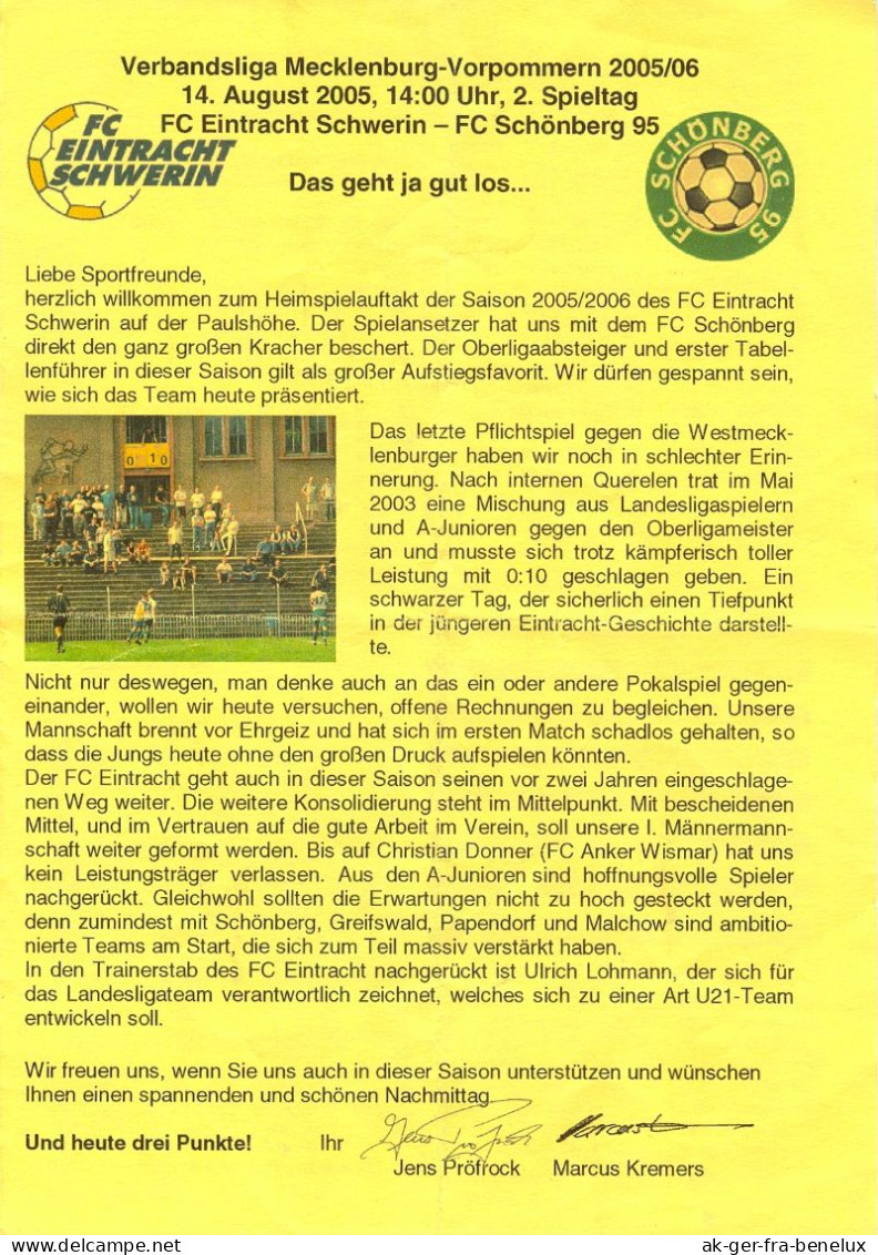 Fußball-Programm PRG FC Eintracht Schwerin Vs Schönberg 95 14. 8. 2005 Dynamo FCE 1. FSV Mecklenburg-Vorpommern NOFV - Programas