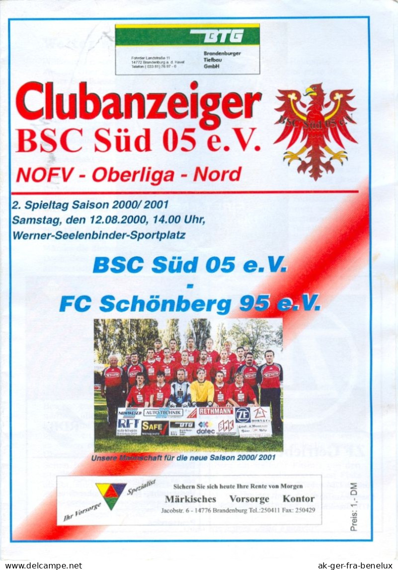 Fußball-Programm PRG Brandenburger SC Süd 05 - FC Schönberg 95 12.8.2000 Brandenburg An Der Havel Mecklenburg-Vorpommern - Programs