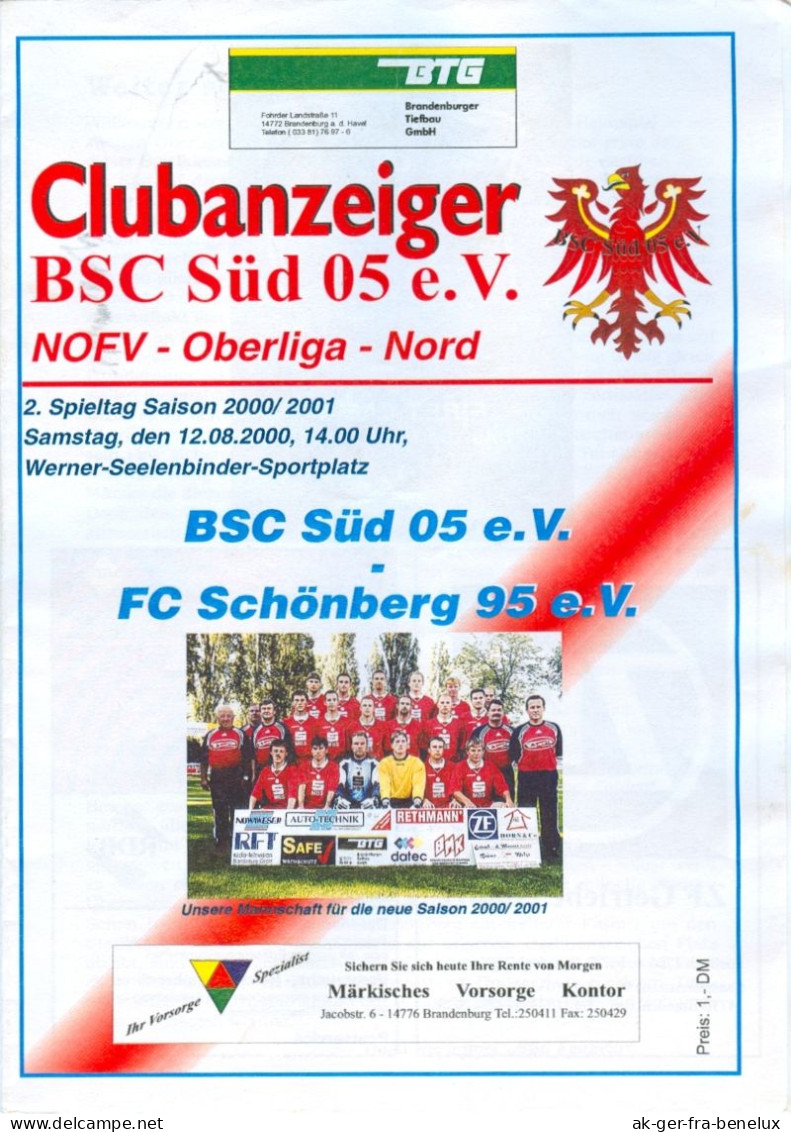 Fußball-Programm PRG Brandenburger SC Süd 05 - FC Schönberg 95 12.8.2000 Brandenburg An Der Havel Mecklenburg-Vorpommern - Programme