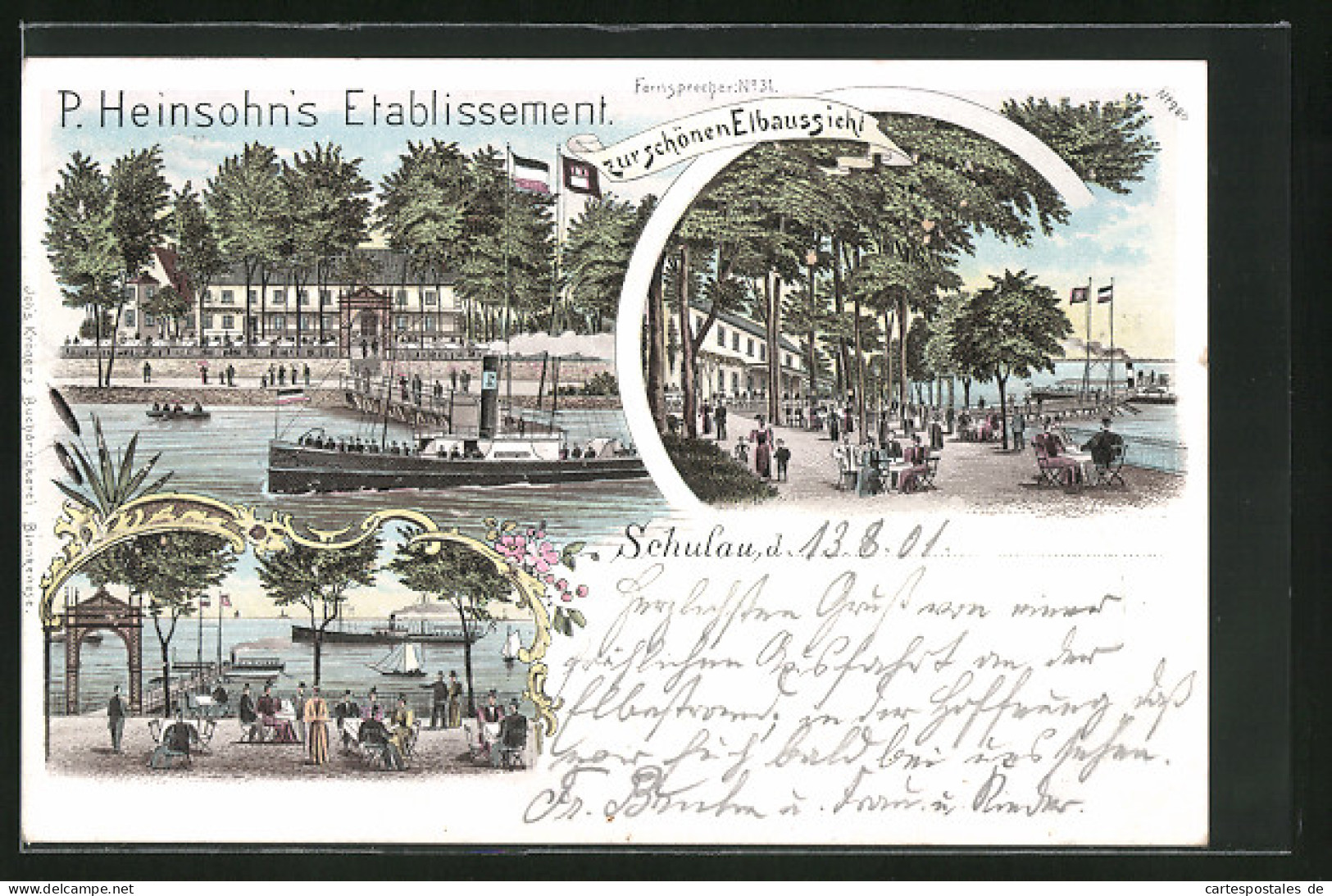 Lithographie Schulau, P. Heinsohns Gasthaus Zur Schönen Elbaussicht, Dampfer  - Damp