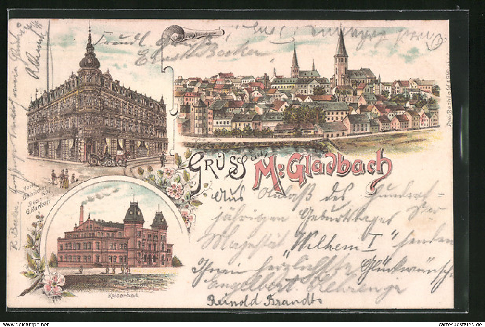 Lithographie Mönchengladbach, Hotel Rheinischer Hof, Kaiserbad  - Moenchengladbach