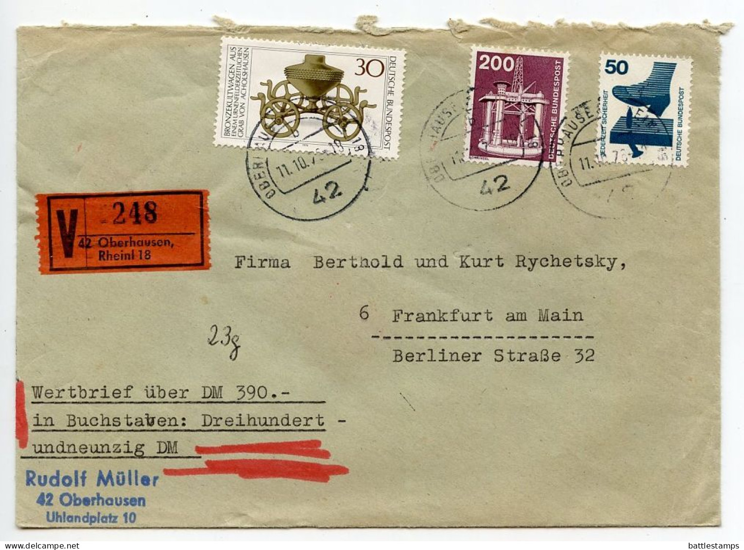 Germany, West 1976 Insured V-Label Cover; Oberhausen To Frankfurt; Mix Of Stamps - Briefe U. Dokumente