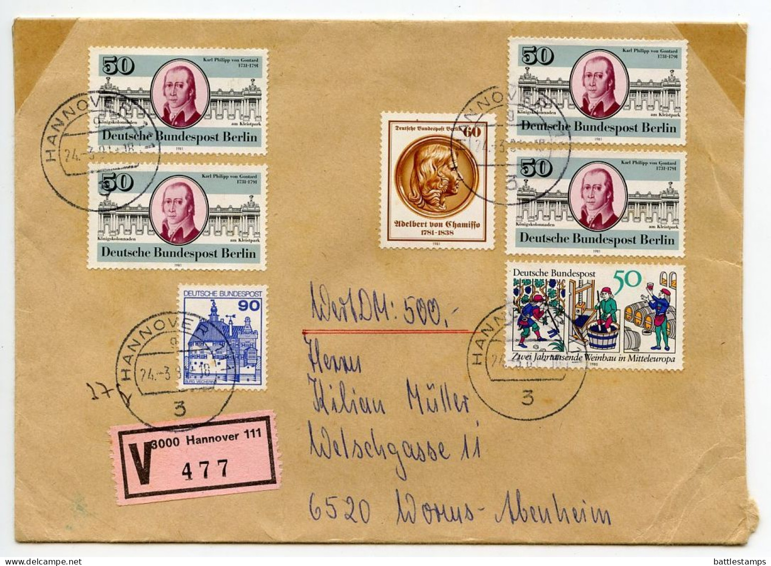 Germany, West 1981 Insured V-Label Cover; Hannover To Worms-Abenheim; Mix Of Stamps - Covers & Documents