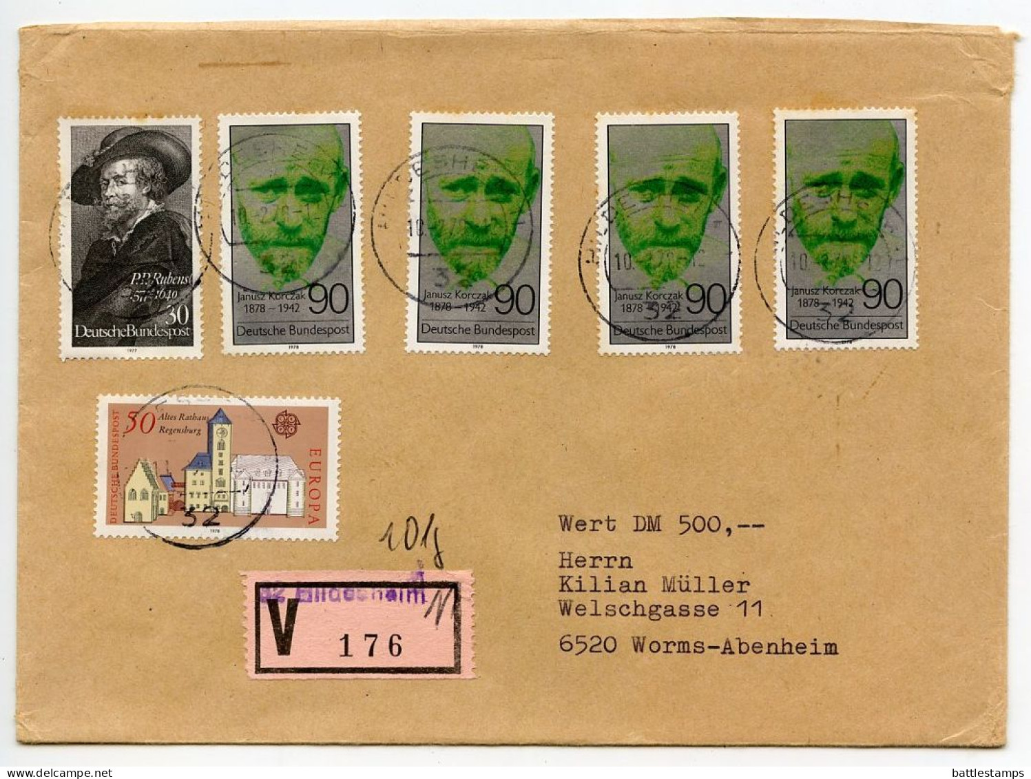 Germany, West 1979 Insured V-Label Cover; Hildesheim To Worms-Abenheim; Mix Of Stamps - Briefe U. Dokumente