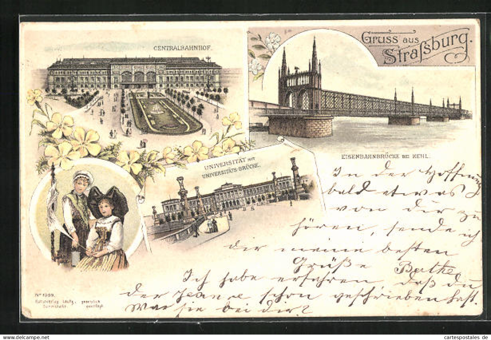 Lithographie Strassburg, Centralbahnhof, Universität Avec Pont, Chemin De Ferbrücke Bei Kehl  - Otros & Sin Clasificación