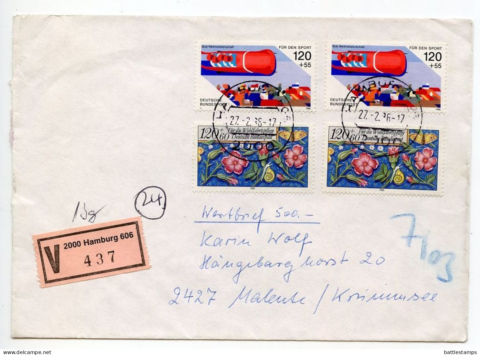 Germany, West 1986 Insured V-Label Cover; Hamburg To Malente; Mix Of Semi-Postal Stamps - Briefe U. Dokumente