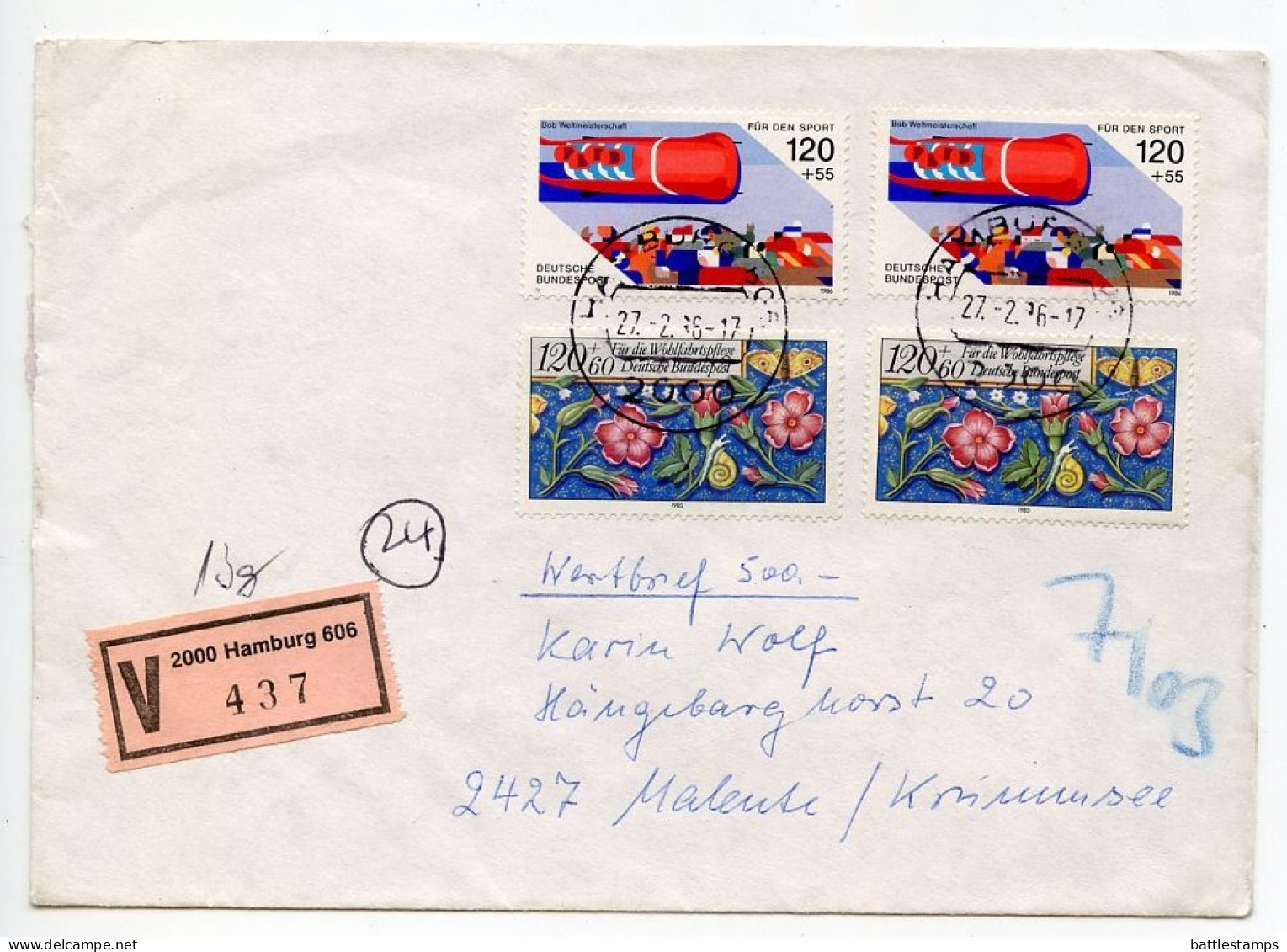 Germany, West 1986 Insured V-Label Cover; Hamburg To Malente; Mix Of Semi-Postal Stamps - Brieven En Documenten