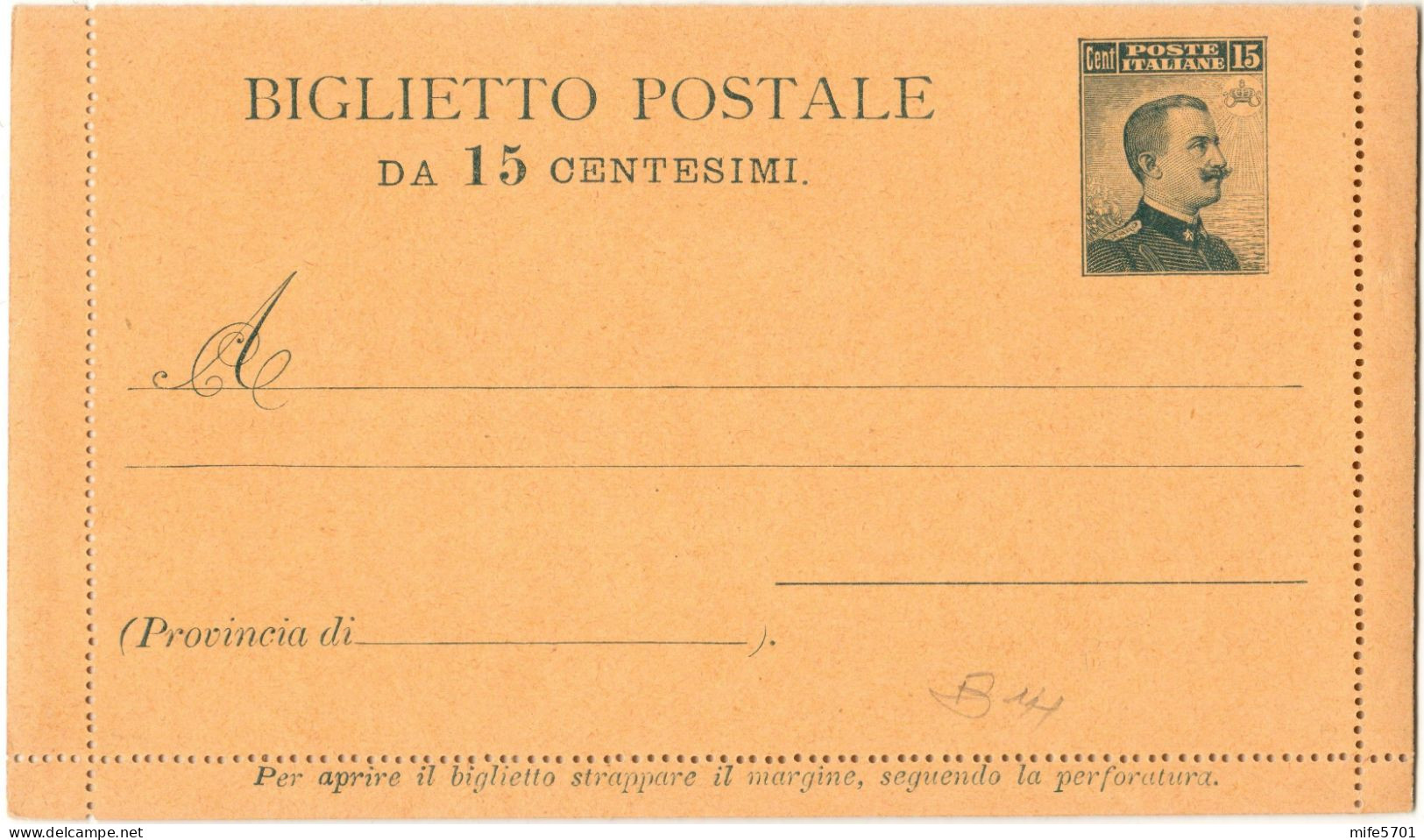 REGNO D'ITALIA B14 - 1913 BIGLIETTO POSTALE TIPO 'REPETTATI' DA C. 15 V.E.III VOLTO A DESTRA - NUOVO FILAGRANO B14 - Entiers Postaux