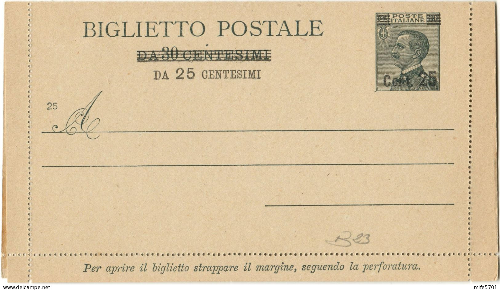 REGNO D'ITALIA B23 - 1927 BIGLIETTO POSTALE TIPO 'PROVVISORIO' DA C. 25 SU C. 30 V.E.III VOLTO A SINISTRA – NUOVO - Entiers Postaux