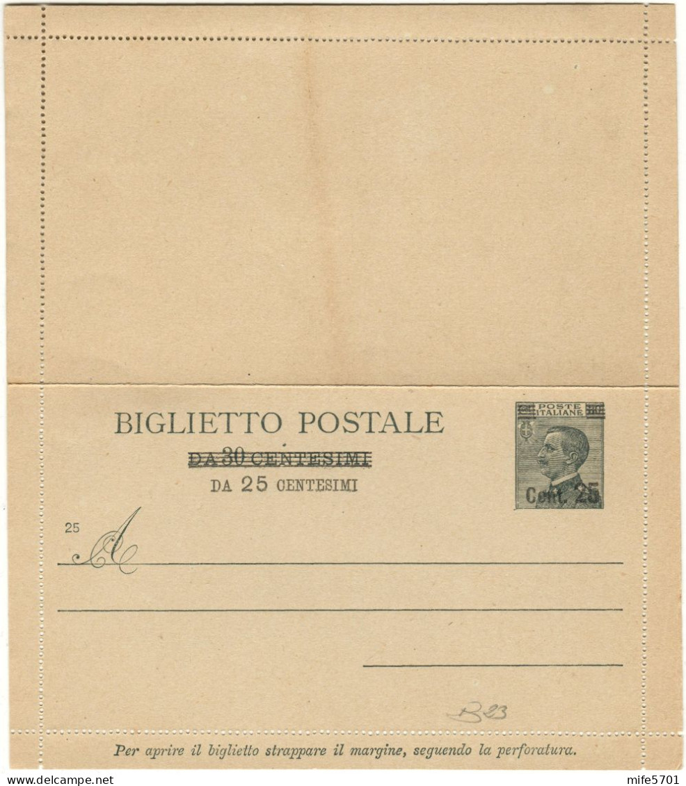 REGNO D'ITALIA B23 - 1927 BIGLIETTO POSTALE TIPO 'PROVVISORIO' DA C. 25 SU C. 30 V.E.III VOLTO A SINISTRA – NUOVO - Stamped Stationery