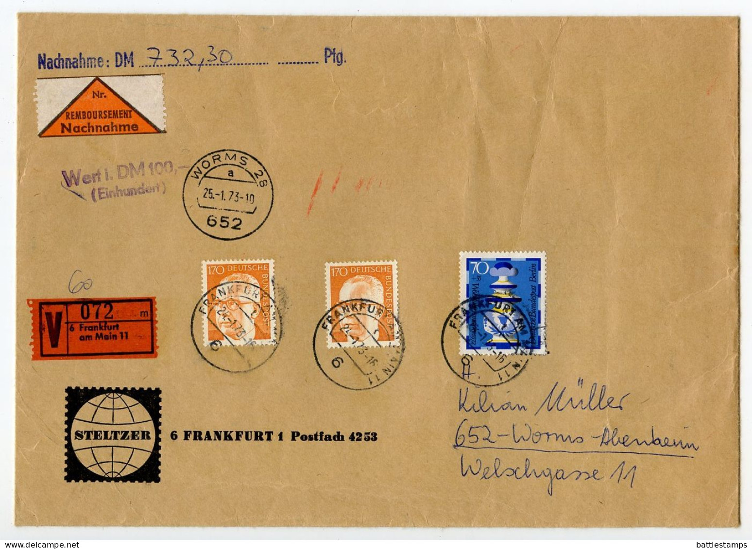 Germany, West 1973 Insured V-Label Cover; Frankfurt To Worms-Abenheim; Nachnahme Label; Mix Of Stamps - Covers & Documents