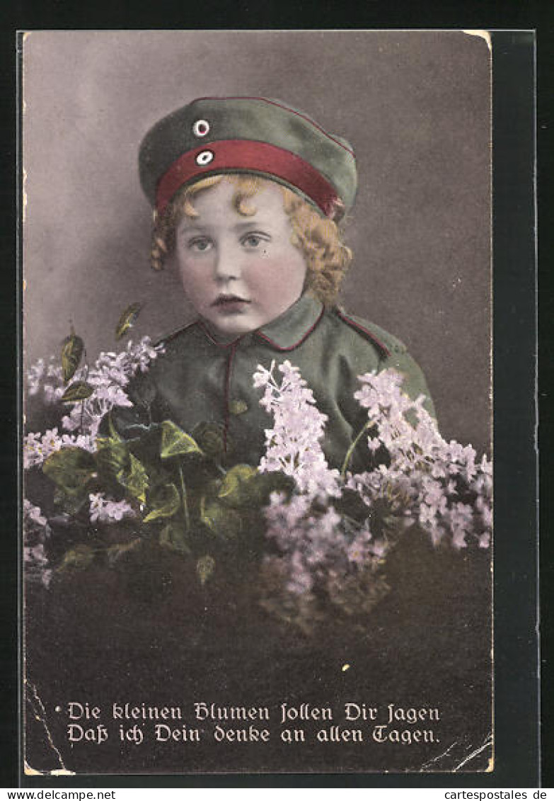 AK Kleiner Soldat Mit Blumen, Kinder Kriegspropaganda  - Weltkrieg 1914-18