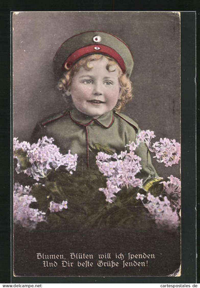 AK Kleiner Soldat Mit Blumen, Kinder Kriegspropaganda  - War 1914-18