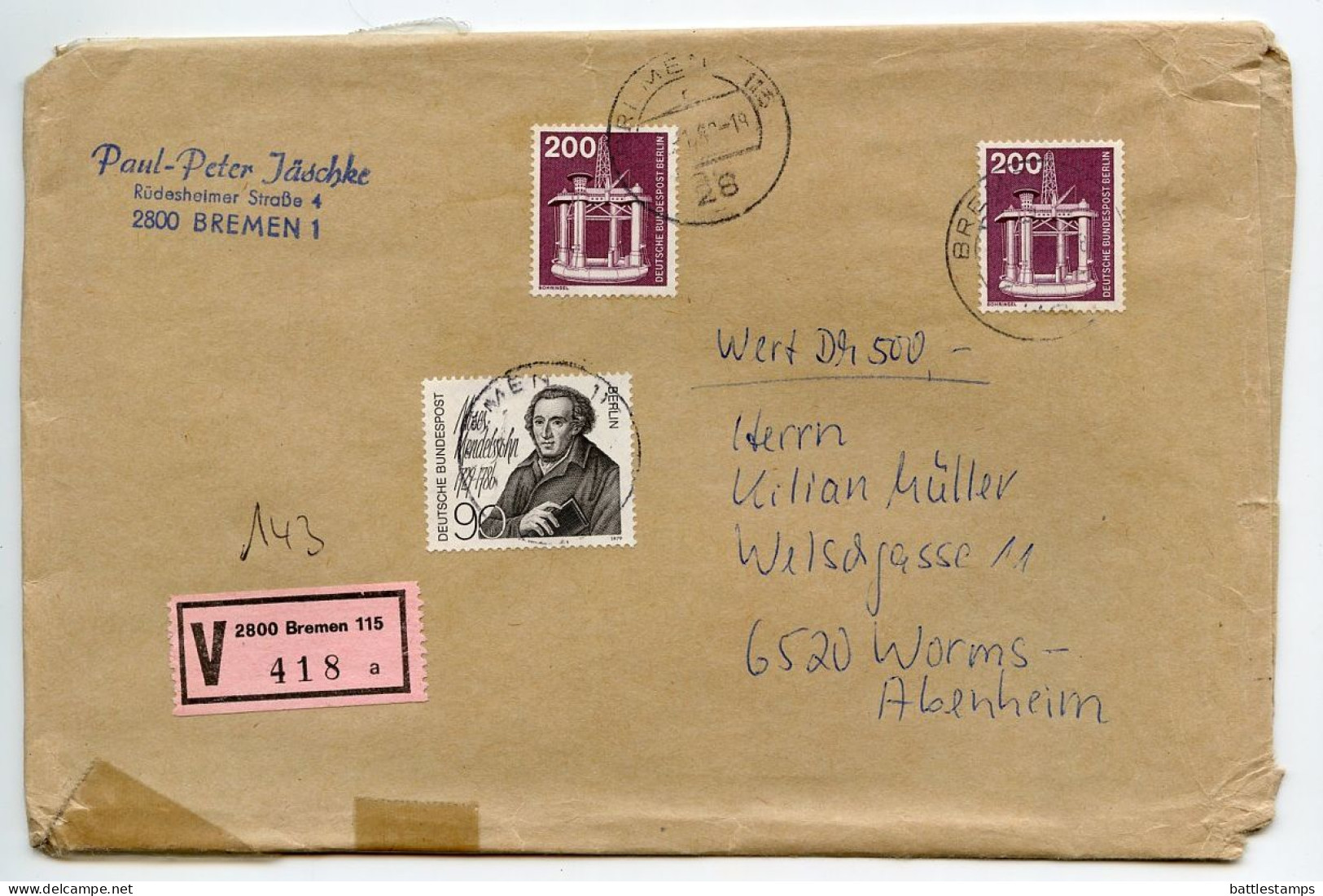 Germany, West 1980's Insured V-Label Cover; Bremen To Worms-Abenheim; Mix Of Berlin Stamps - Cartas & Documentos