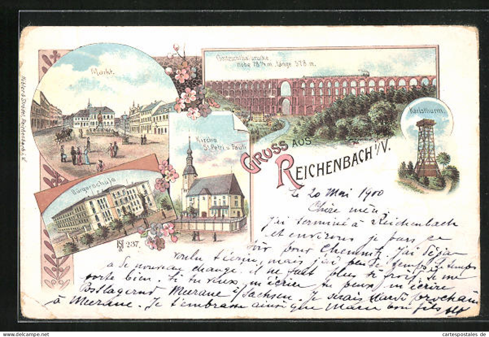 Lithographie Reichenbach I. V., Bürgerschule, Karlsthurm, Goltzschthalbrücke  - Reichenbach I. Vogtl.