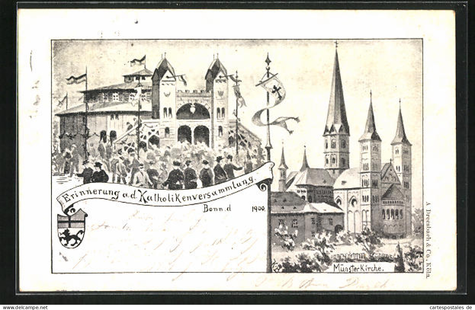 Künstler-AK Bonn, Erinnerung A. D. Katholikenversammlung 1900, Münsterkirche  - Muenster