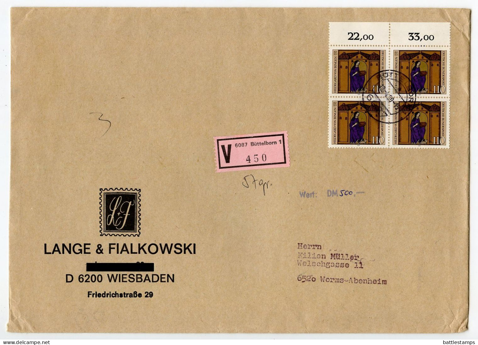 Germany, West 1980 Insured V-Label Cover; Büttelborn To Worms-Abenheim; Stamps - 110pf. Hildegard Von Bingen, Block Of 4 - Storia Postale