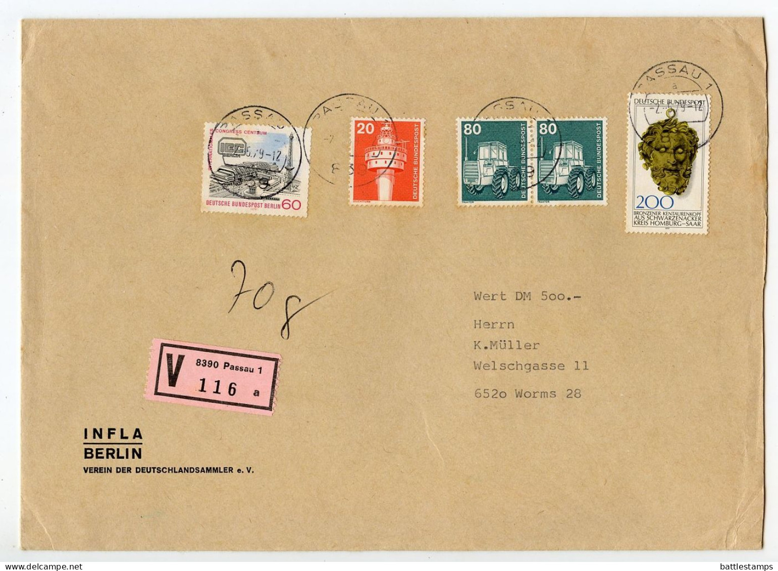 Germany, West 1979 Insured V-Label Cover; Passau To Worms; Mix Of Stamps - Lettres & Documents