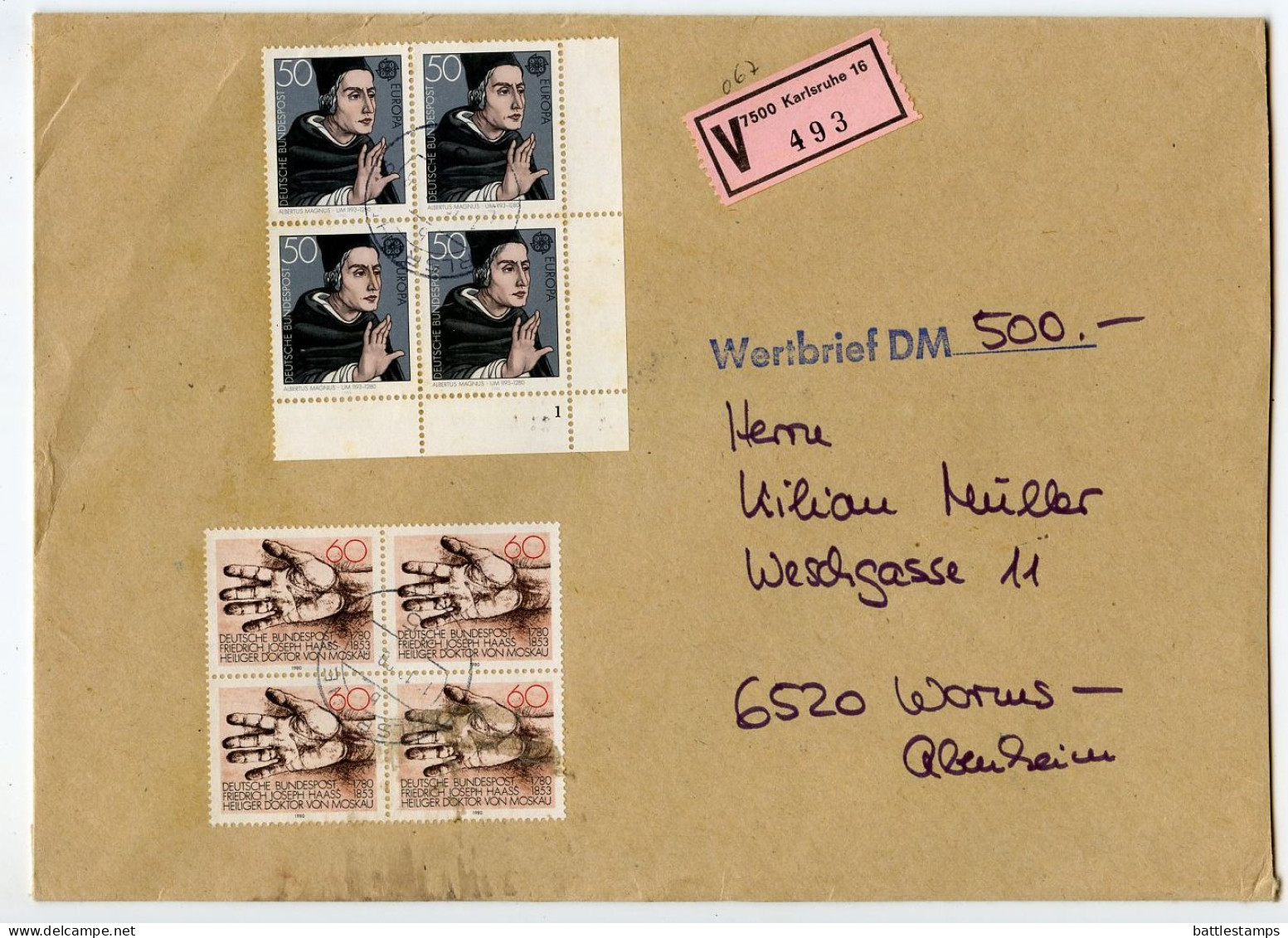 Germany, West 1980 Insured V-Label Cover; Karlsruhe To Worms-Abenheim; Mix Of Stamps - Covers & Documents