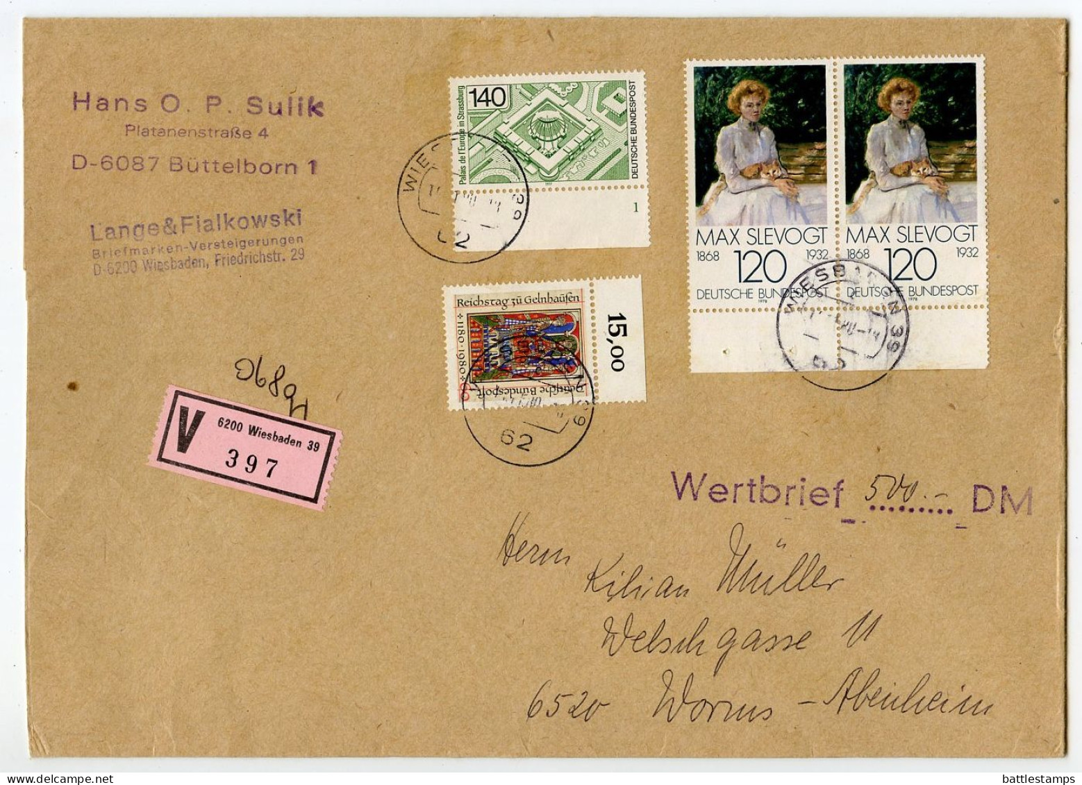 Germany, West 1980 Insured V-Label Cover; Wiesbaden To Worms-Abenheim; Mix Of Stamps - Covers & Documents