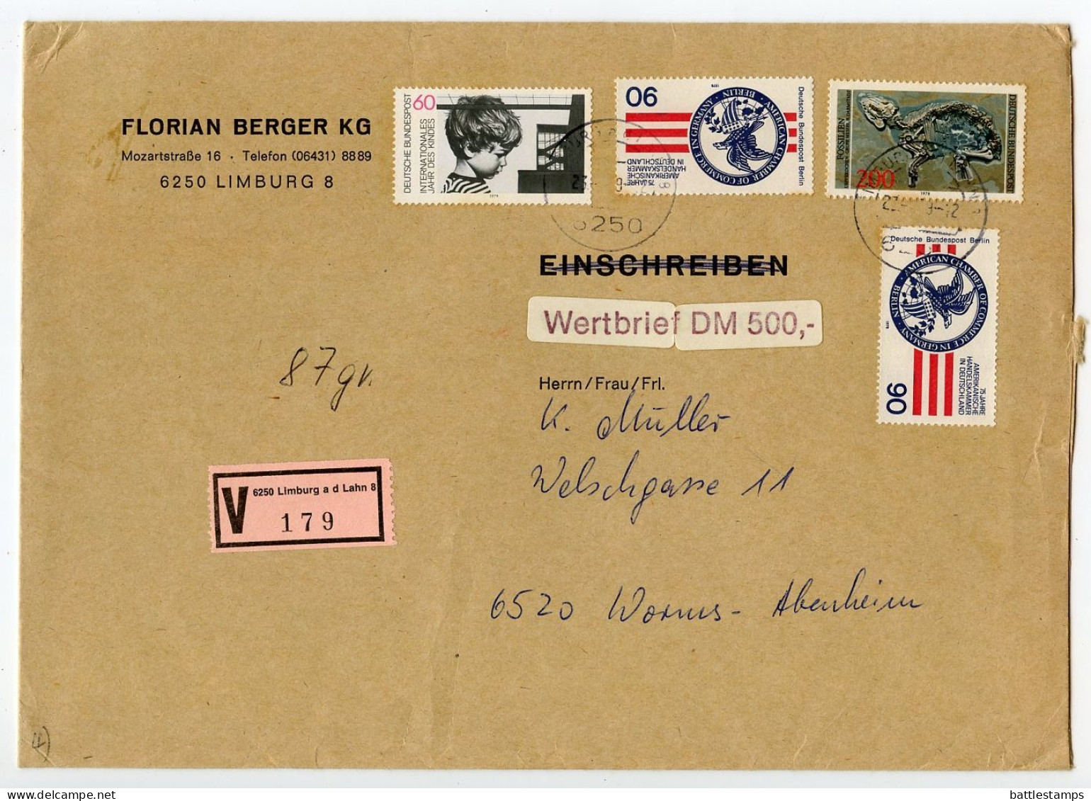 Germany, West 1979 Insured V-Label Cover; Limburg To Worms-Abenheim; Mix Of Stamps - Lettres & Documents