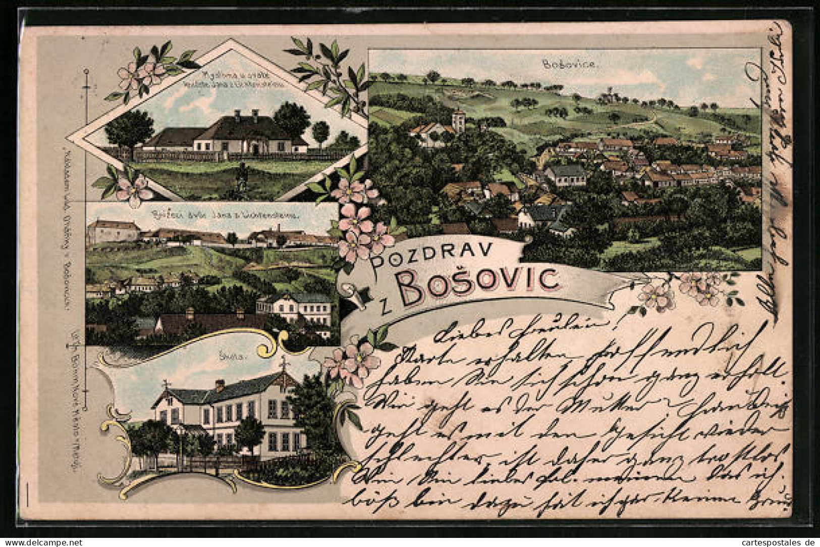 Lithographie Bosovice, Knizeci Dvur Jana Z Lichtensteinu, Skola, Panorama  - Tsjechië