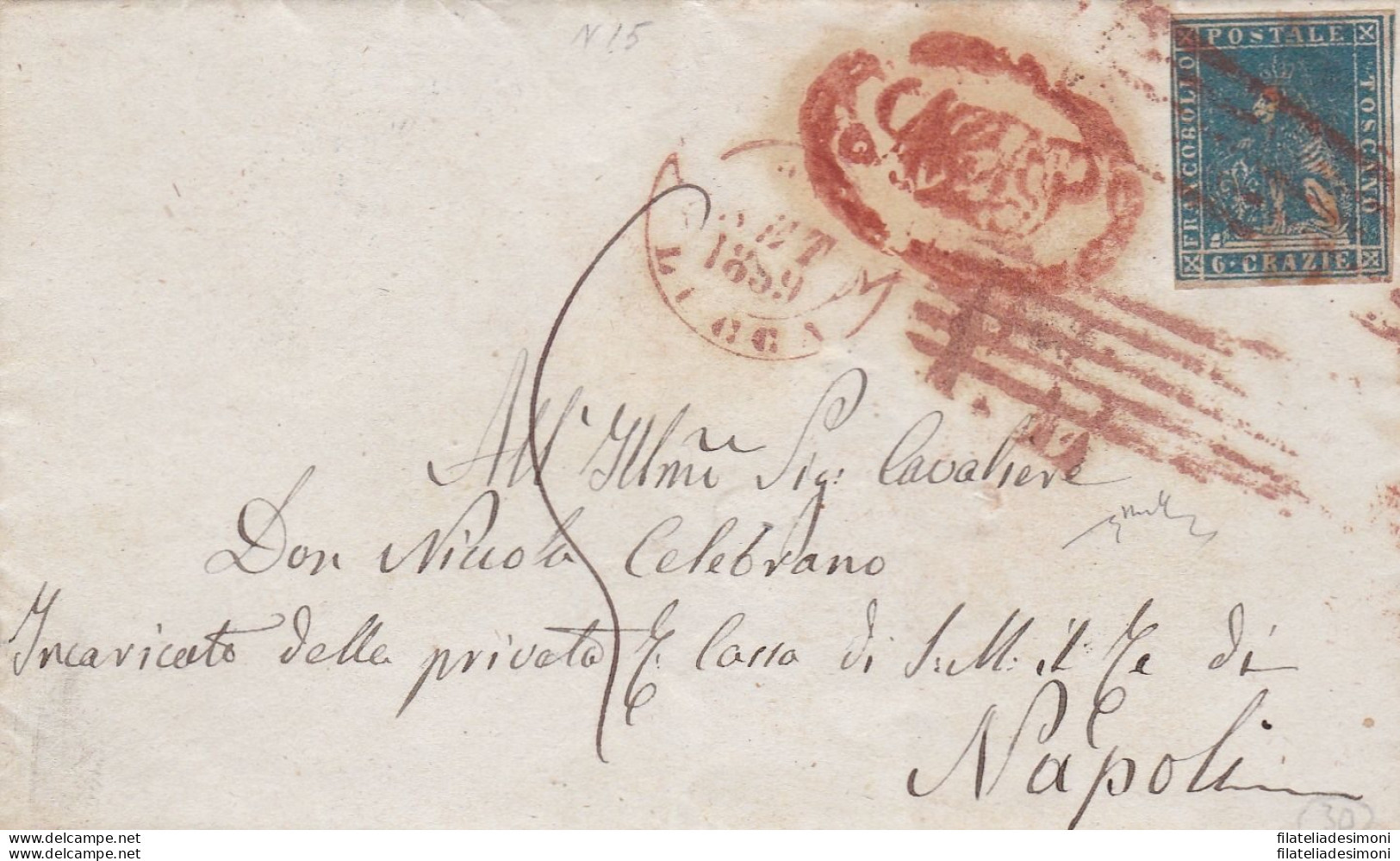 1857 TOSCANA, N° 15 6 Crazie Azzurro SU LETTERA DA LUCCA Certificato Chiavarell - Toscane