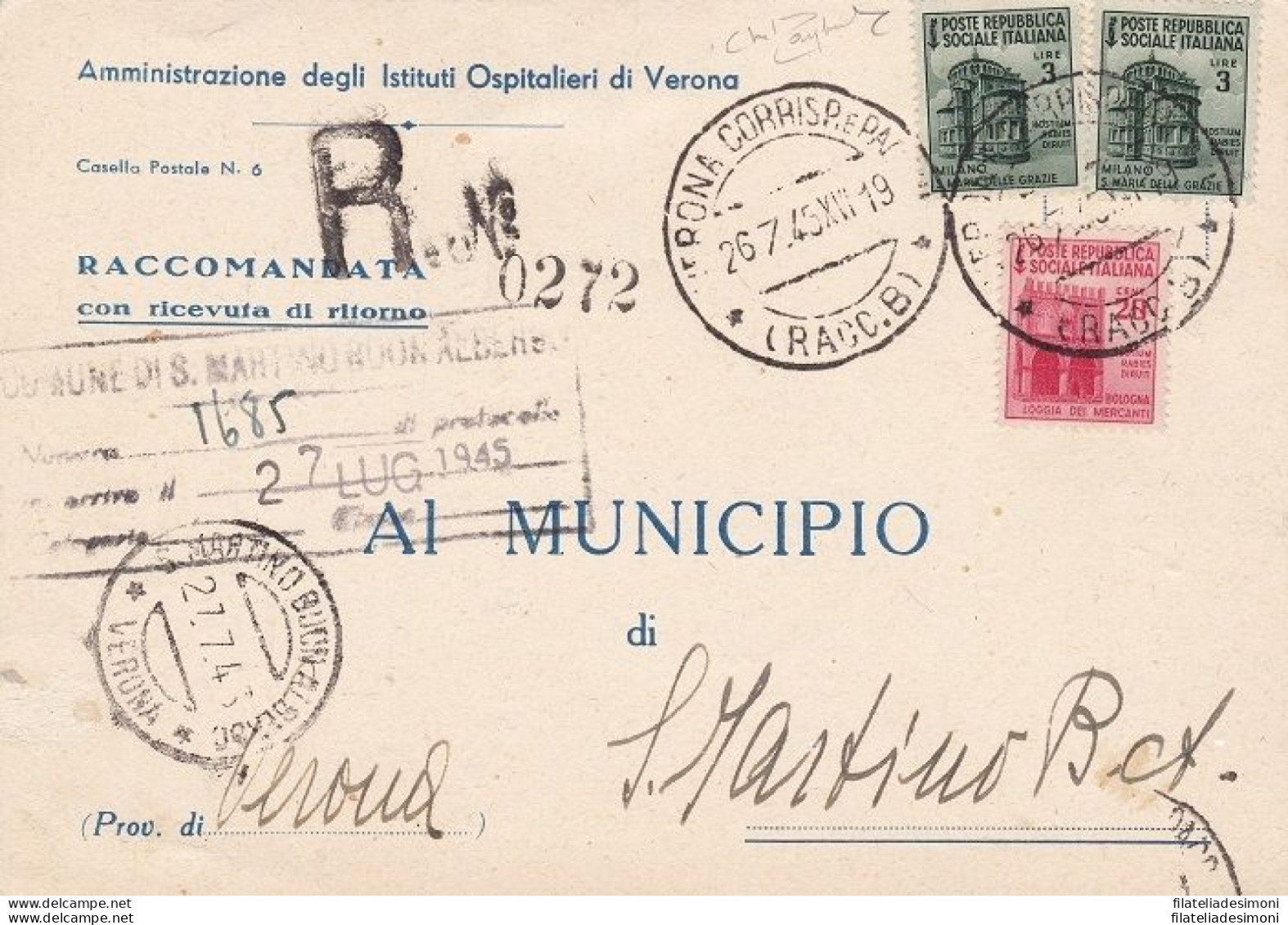 1944 RSI - N° 511 Lire 3 Coppia+20 C. N° 504 Su Stampato Raccomandato Viaggiat - Postwaardestukken