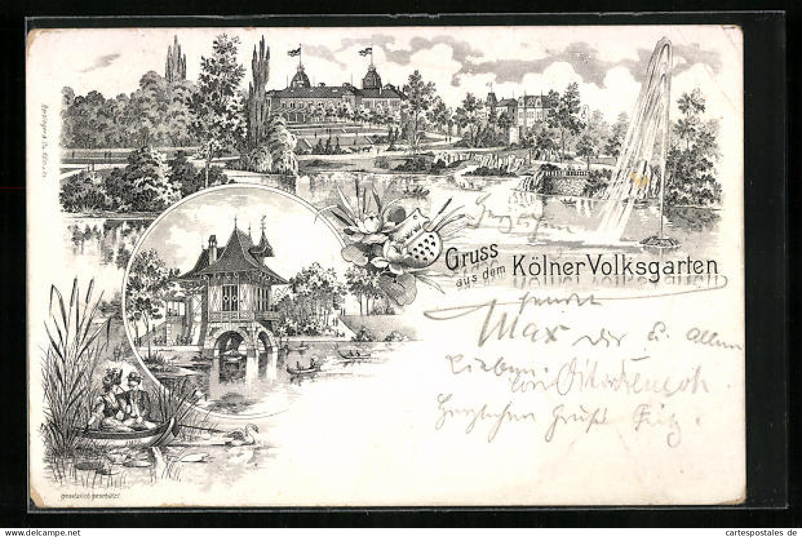 Lithographie Köln-Neustadt, Volksgarten Mit Flusspartie, Gebäudeansicht  - Koeln