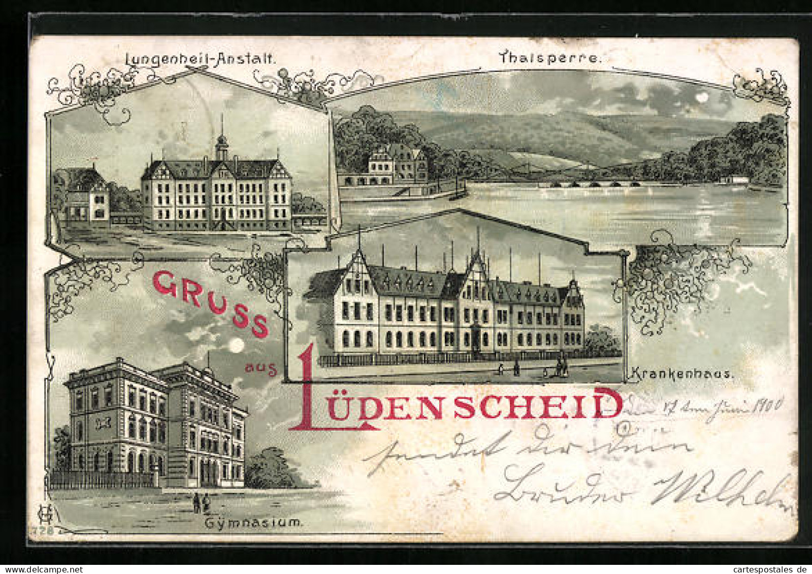 Lithographie Lüdenscheid, Lungenheil-Anstalt, Thalsperre, Gymnasium, Krankenhaus  - Luedenscheid