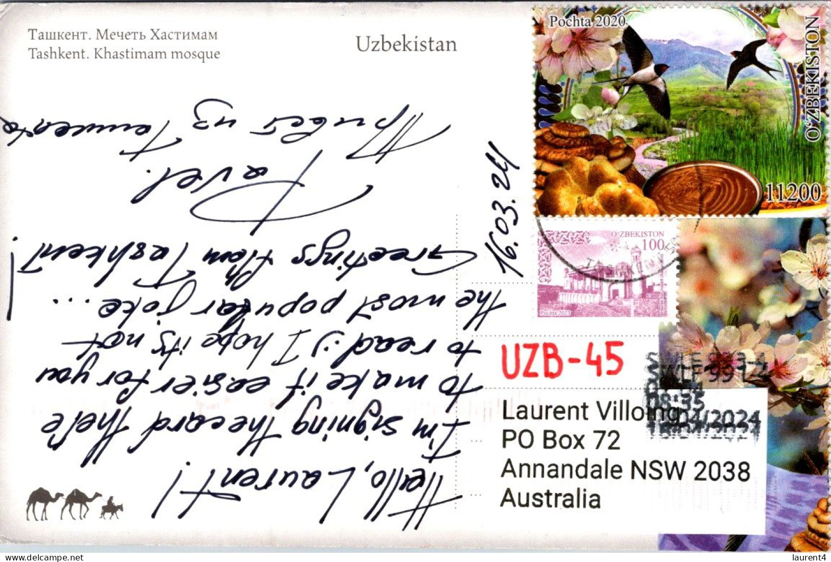 24-4-2024 (2 Z 55) UZBEKISTAN (posted From Australia 2024) Osque In Tashkent (with Bird Stamp) - Islam
