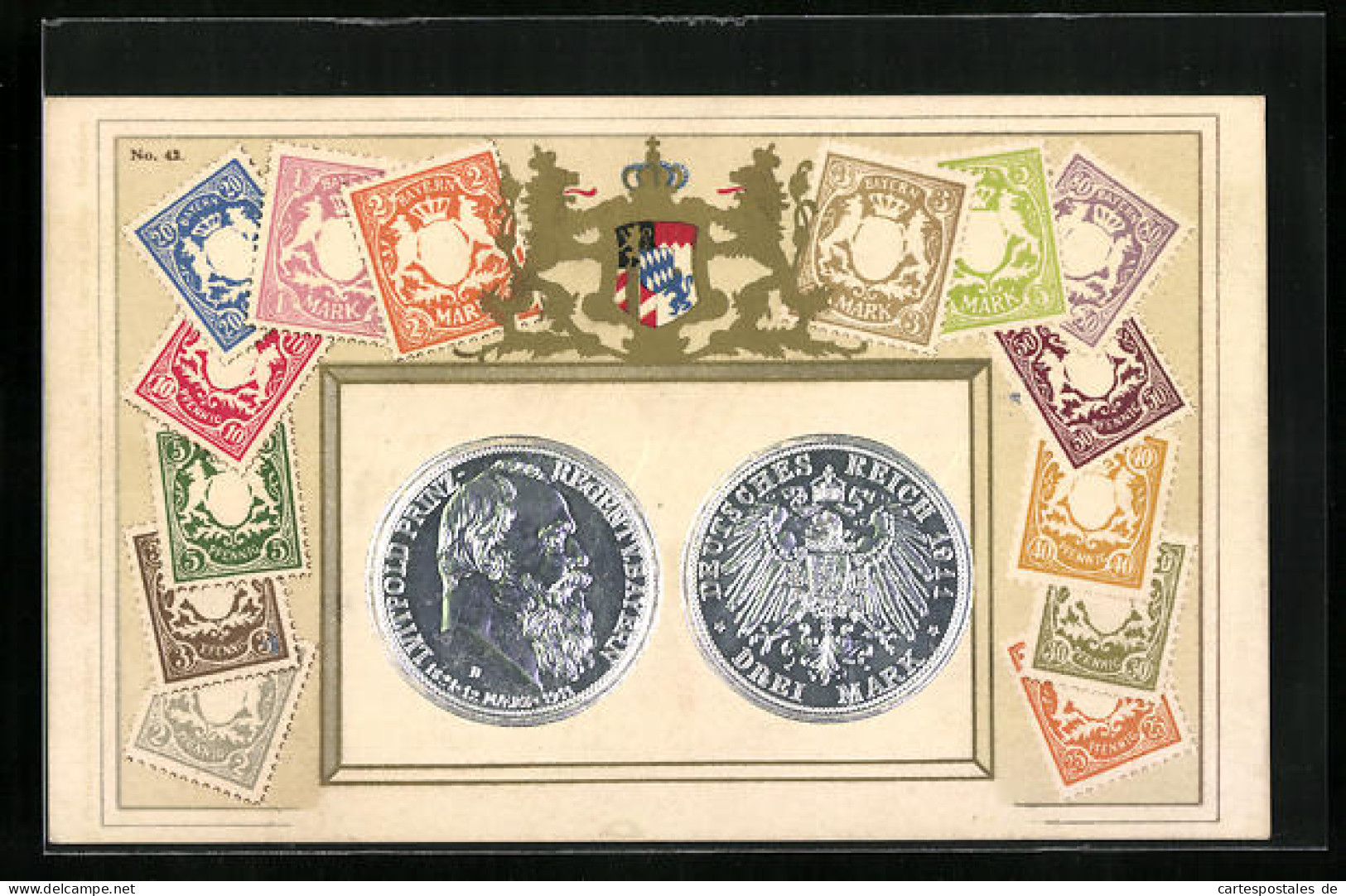 Präge-AK Briefmarken Aus Bayern, Geldmünzen  - Francobolli (rappresentazioni)