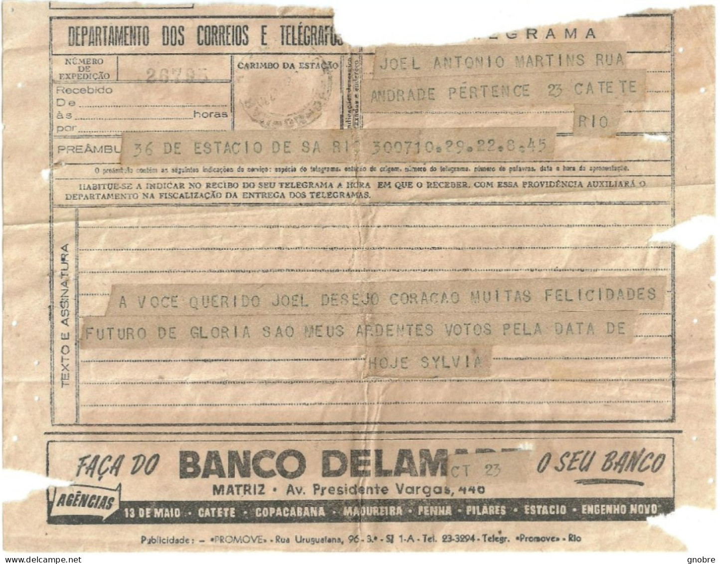 BRAZIL TELEGRAM TELEGRAMA BANK BANCO DELAMARE - Other & Unclassified