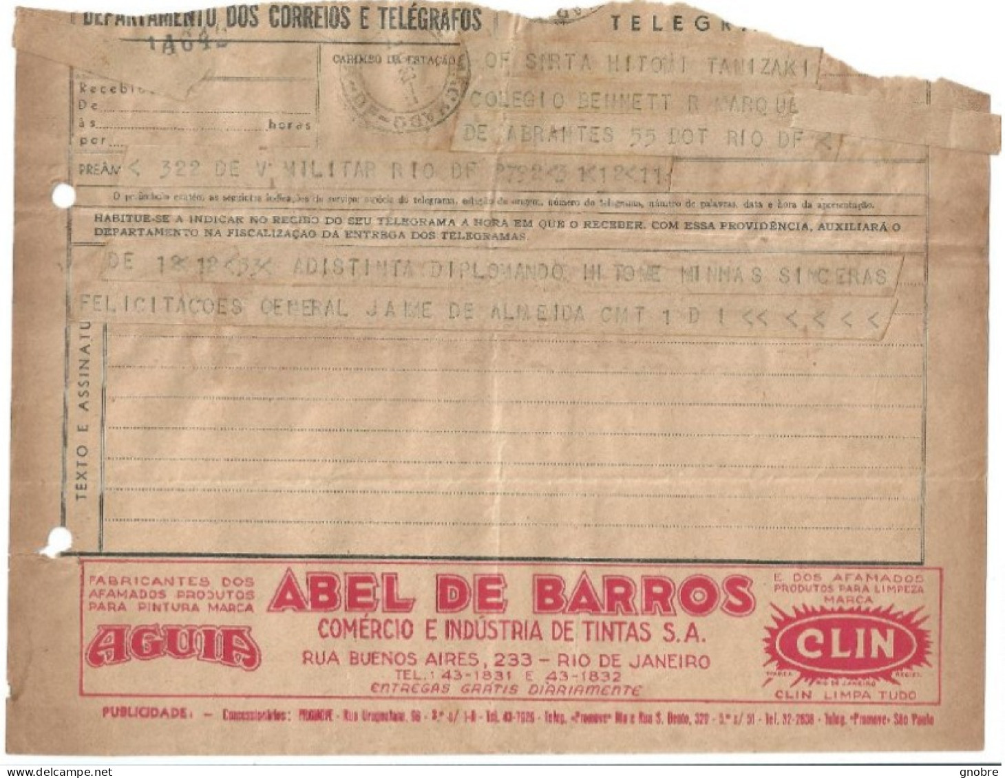 BRAZIL TELEGRAM TELEGRAMA 1953 ABEL DE BARROS AGUIA CLIN EAGLE CLEAN - Autres & Non Classés