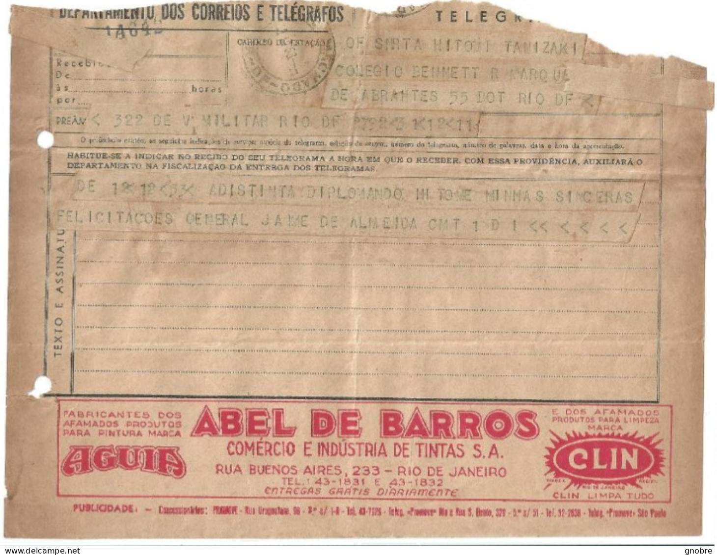 BRAZIL TELEGRAM TELEGRAMA 1953 ABEL DE BARROS AGUIA CLIN EAGLE CLEAN - Sonstige & Ohne Zuordnung
