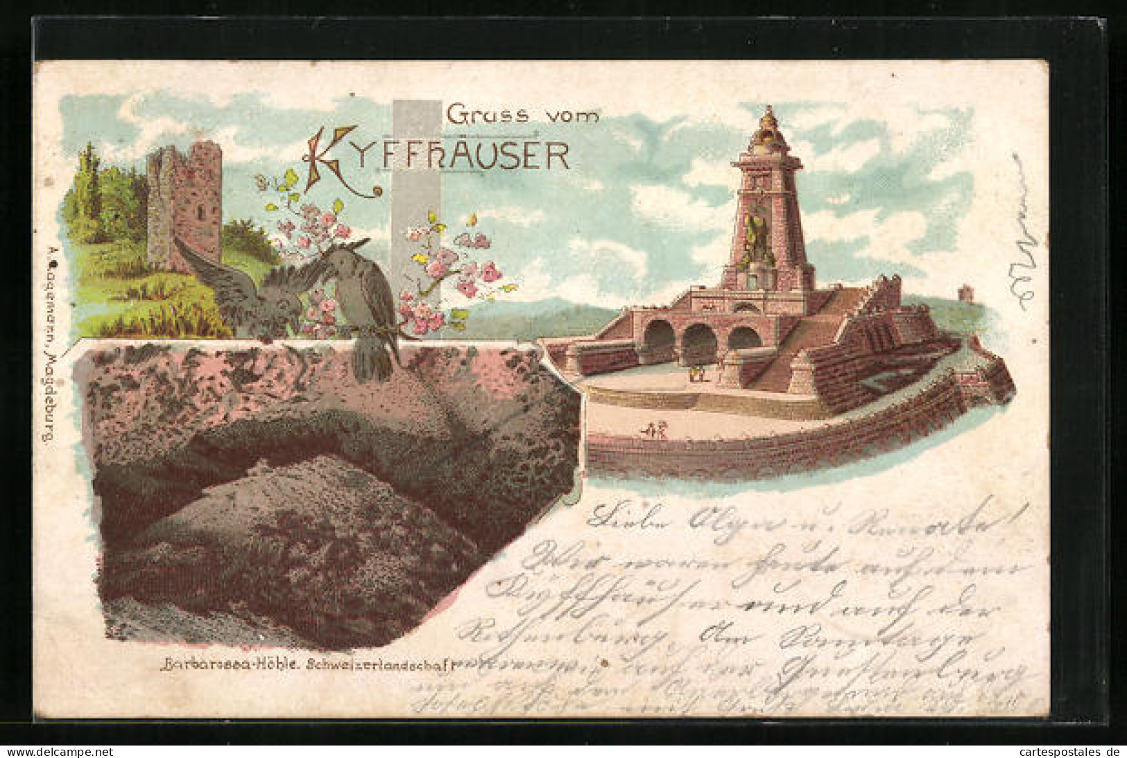 Lithographie Kyffhäuser, Kyffhäuserdenkmal, Turm, Barbarossahöhle Schweizerlandschaft  - Kyffhäuser