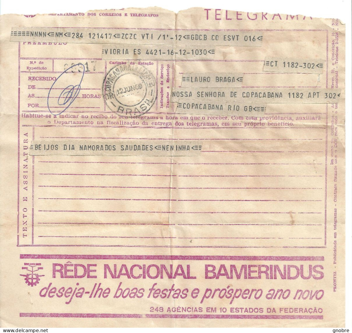 BRAZIL TELEGRAM TELEGRAMA BAMERINDUS BANK HAPPY NEW YEAR - Otros & Sin Clasificación