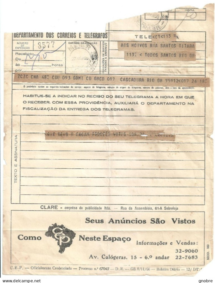 BRAZIL TELEGRAM TELEGRAMA 1968 C.E.P. CEP MARKETING - Altri & Non Classificati
