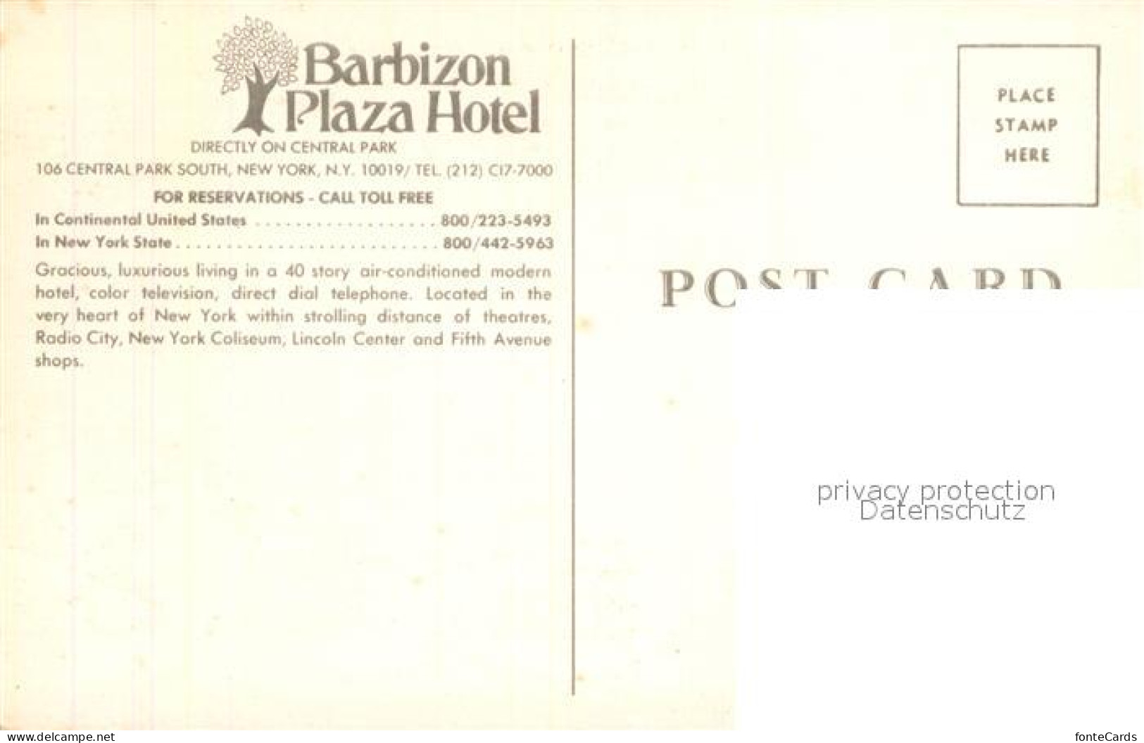 72955893 New_York_City Barbizon Plaza Hotel On Central Park - Autres & Non Classés