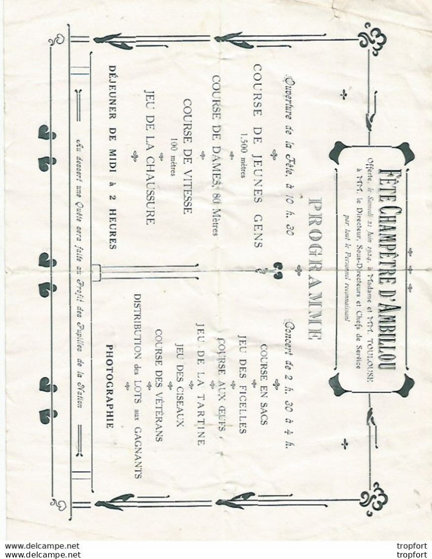 AO / FEUILLET PUBLICITAIRE Fête Champêtre D'AMBILLOU 1924 TOULOUSE Course Jeux PROGRAMME - Programs