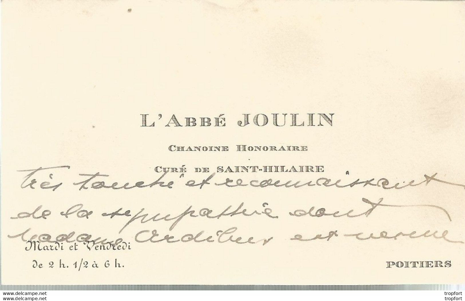 AO / Carte Publicitaire De Visite ANCIENNE / L'ABBE JOULIN Chanoine Honoraire Curé De SAINT-HILAIRE POITIERS - Visitenkarten