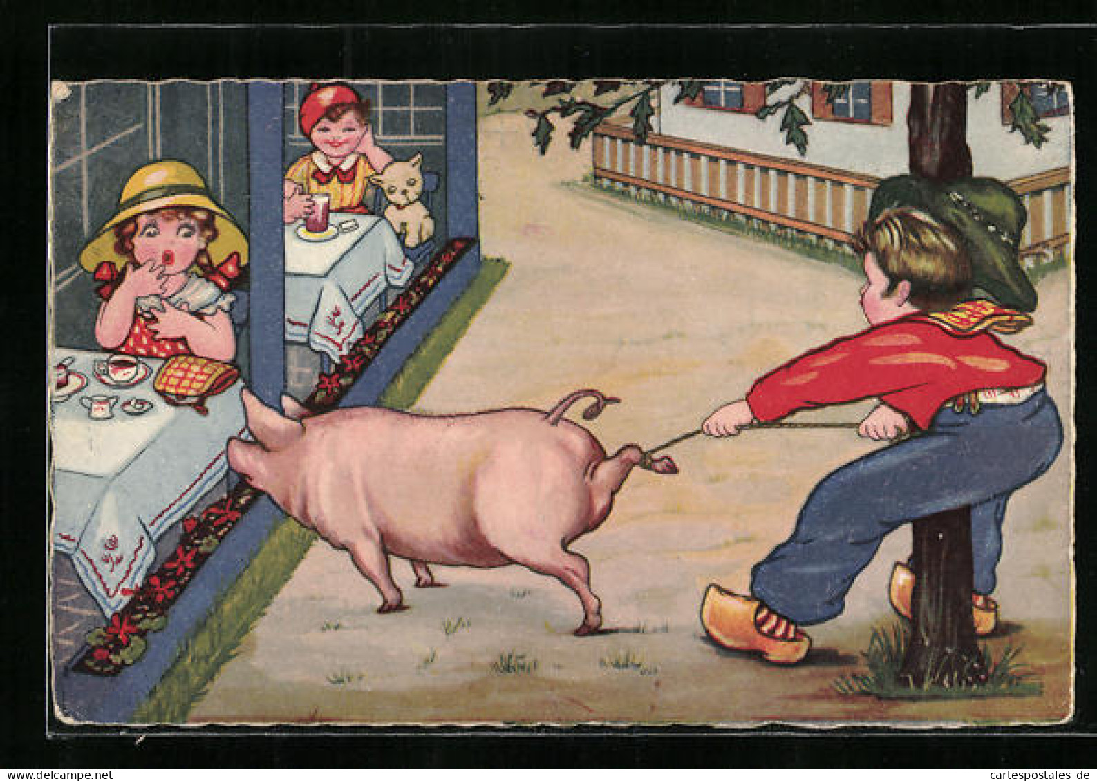 Künstler-AK Schwein Ist An Gedeckten Tischen Interessiert  - Cerdos