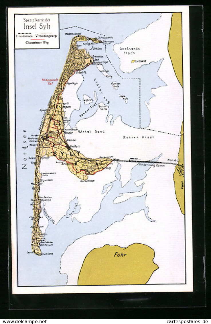 AK Sylt, Landkarte Der Insel Mit Dem Hindenburgdamm  - Landkaarten